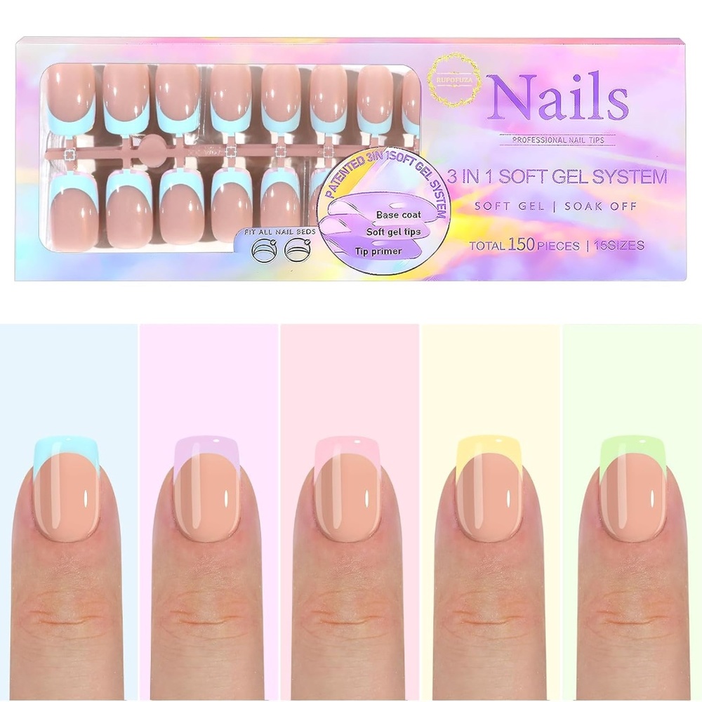 Nude Pink And Pastel Colored French Tip Short Square Press On Nails
